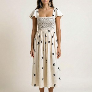 Knit & Lounge Womens Floral Embroidered Smocked Detail Cap Flutter Sleeve  Midi Dress- Small ,Cream