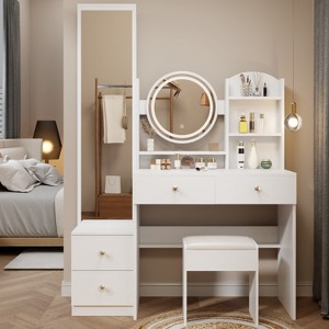 Full Body Mirror Cabinet with Vanity Table and Cushioned Stool - 1 of 4