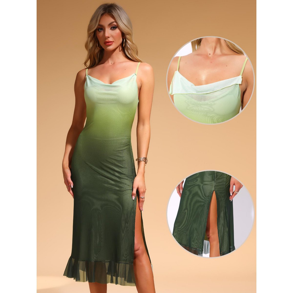 Женские платья INSPIRE CHIC Women's Spaghetti Strap Cowl Neck Stretchy Mesh Midi Dress Green Small — фото 2