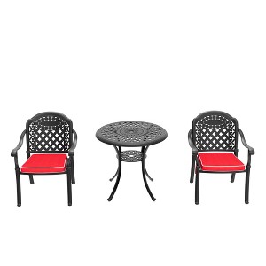Gulches 3-Piece Cast Aluminum Patio Furniture Set Weather-Resistant Outdoor Dining Set with Red Cushions, Carved Design - 1 of 4