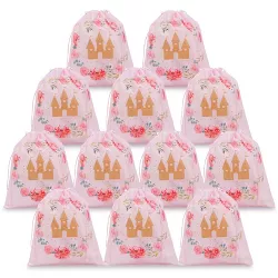 Blue Panda Pink Drawstring Favor Bags for Girls Princess Birthday Party Supplies (10 x 12 in, 12 Pack)