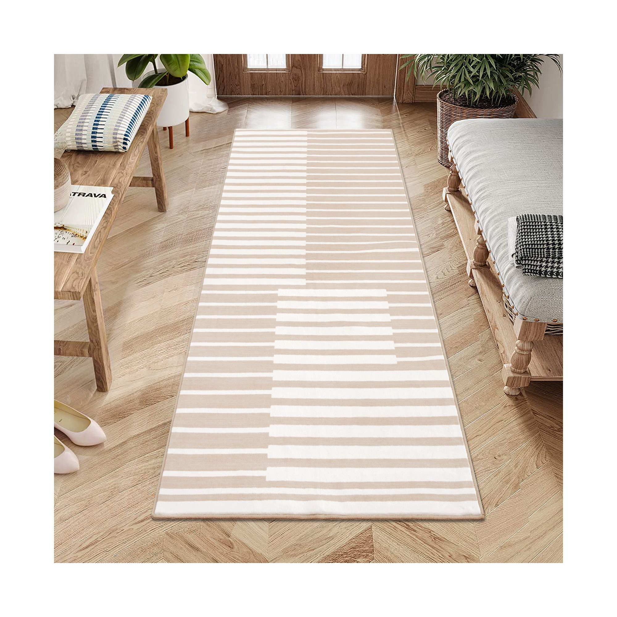 Coolmee 2x6 Runner Rug Washable Geometric Rug Stripe Farmhouse Bohemian Non Slip Ultra Thin Soft Rug for Hallway Bathroom Entryway Beige