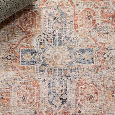 Rust and Blue Square Hand-Knotted Synthetic Rug