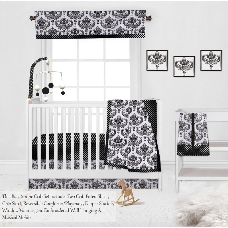 Bacati - Classic Damask Black/Grey/White 10 pc Crib Bedding Set with 2 Crib Fitted Sheets, 4 of 12