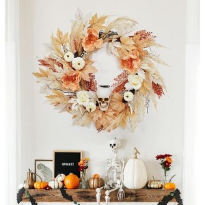 Christmas Wreath with Lights 22 Inch Fall Pumpkin Maple Leaves Wreath Prelit Xmas Wreaths for Front Door Outdoor - 1 of 4
