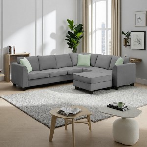 112" L-Shaped Modular Sectional Sofa with Ottoman & 3 Pillows - 1 of 4