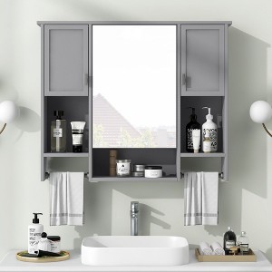 NicBex 35" x 28" Modern Wall Mounted Bathroom Storage Cabinet with Mirror & Towel Bar, Medicine Cabinet for Bathroom Organization, Gray - 1 of 4