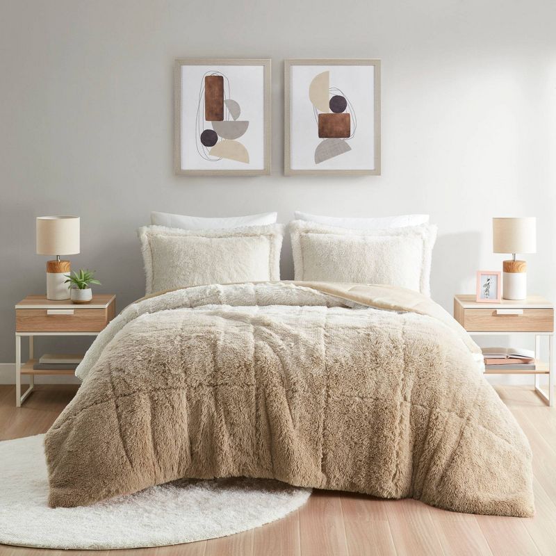 Full/QueenLeena Ombre Shaggy Long Fur Comforter Mini Set Natural - Intelligent Design: Multicolor, Gender Neutral, 3-Piece Set, 3 of 10