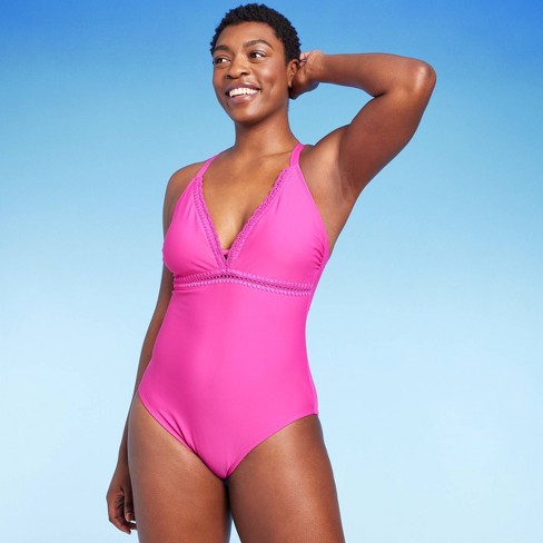 One-shoulder one-piece swimming costume in chevron viscose PINK