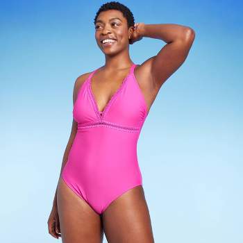 Women's Crochet Shell Stitch Medium Coverage One Piece Swimsuit - Kona Sol™ Pink