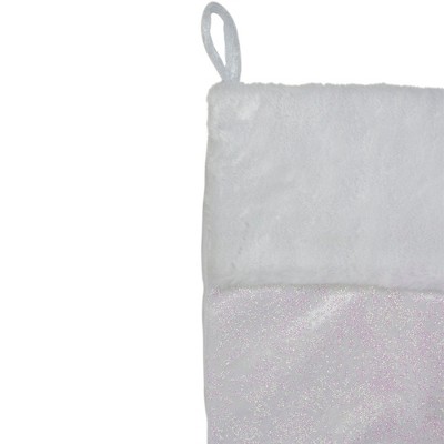 White Iridescent Glitter Snowflake Christmas Stocking with Faux Fur Cuff