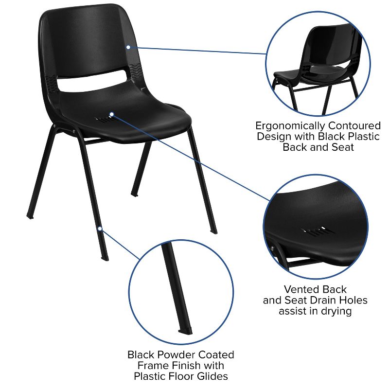 Emma and Oliver Kid's Black Ergonomic Shell Stack Chair - Black Frame and 14"H Seat, 3 of 11
