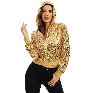 Anna-Kaci Women's Sequin Zip-Up Hooded Jacket with Ribbed Hem and Long Sleeves for Party Wear - 1 of 4