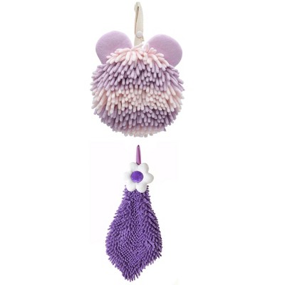 REGALWOVEN Soft Absorbent Cute Fuzzy Hanging Decorative Bathroom Chenille Hand Towel 6" x 15"/7" x 7" 2 Packs