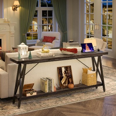 Aheaplus 70.9'' Console Table with Charging Station, Industrial Metal Frame Sofa Table with Storage Shelf