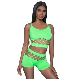Slickblue Vibrant Silk Fishnet 2-Piece Set – One Size Neon Pink/Green Tank Top & High-Waisted Shorts for Women - 1 of 4