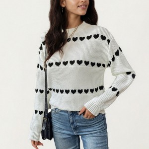 Anna-Kaci Women's Long Sleeve Knit Sweater with Heart Pattern and Ribbed Trim - 1 of 4