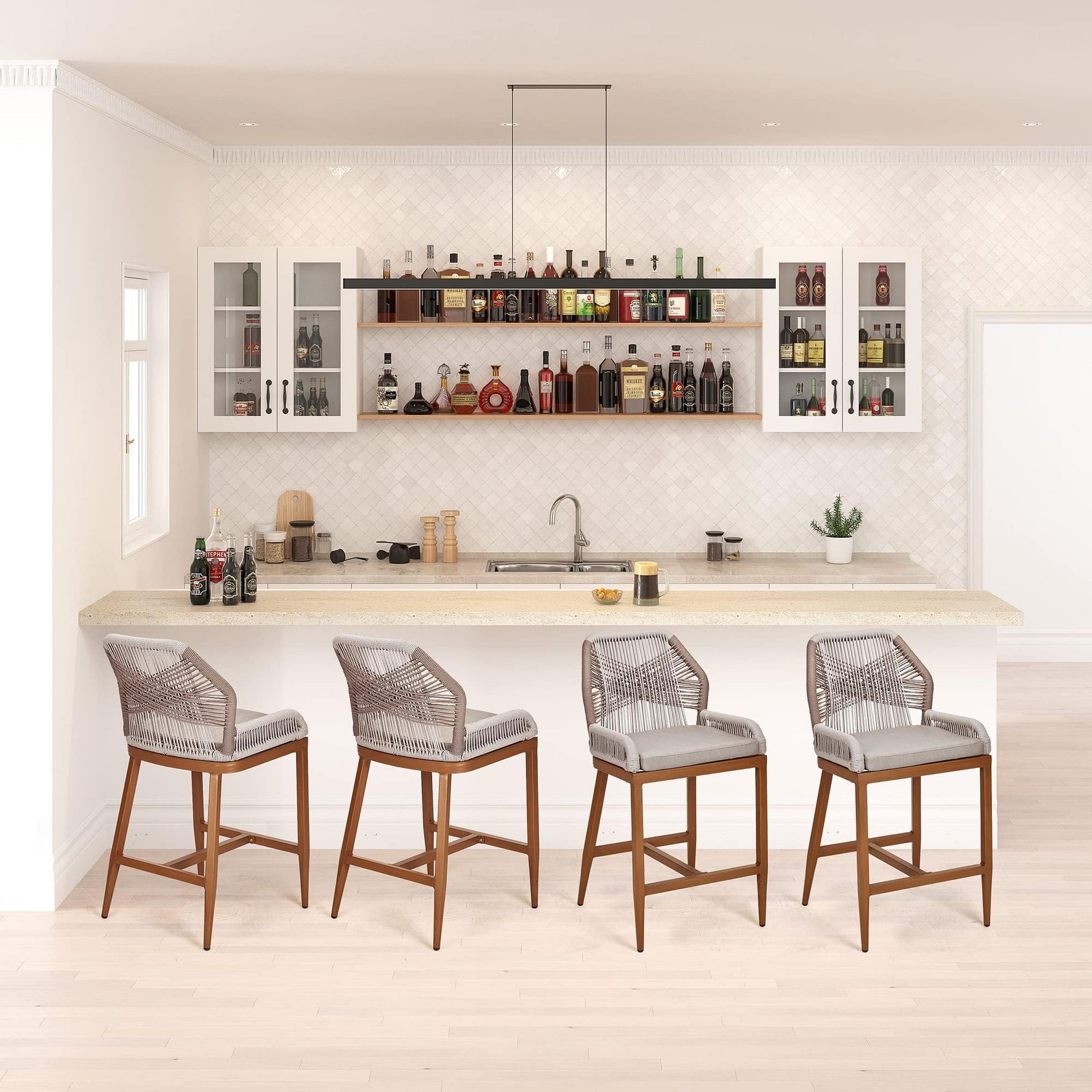 COZONY Set of 4 Counter Height Bar Stools, 24.8" Rattan Dining Chairs with Backrest & Arm, Modern Patio Bistro Stools for Home Kitchen Bar