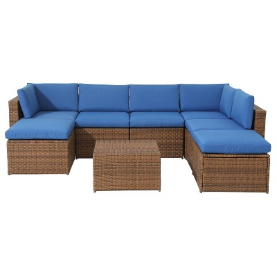 8pc Wicker Rattan Patio Sofa Set with Blue Cushions - Accent Furniture