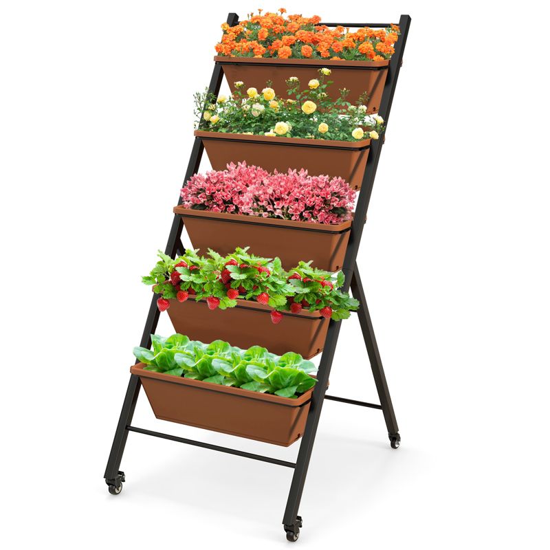 Tangkula 5-Layer Vertical Raised Garden Bed with Wheels Drainage Holes Freestanding Planter with Container Boxes Brown, 1 of 11