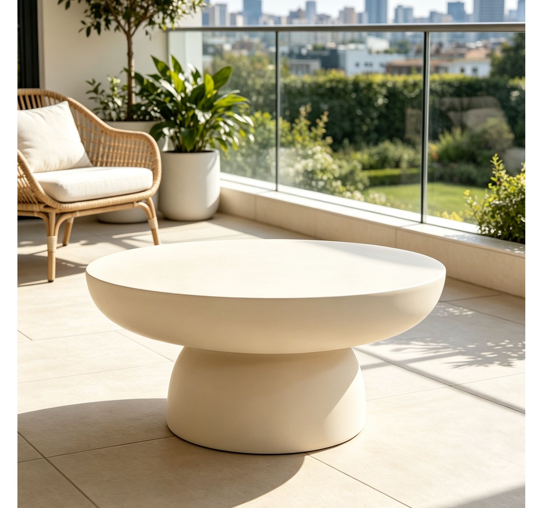 Patio Coffee Table Round Indoor & Outdoor Sofa Side Table MGO Center Table Modern Cocktail Table, No Assembly, Off White - ModernLuxe
