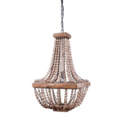 Elegant Black Cage Chandelier with Natural Wood Beads