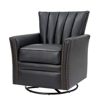 Eva Genuine Leather Swivel Rocker Armchair with Nailhead Trims for Living Room | ARTFUL LIVING DESIGN