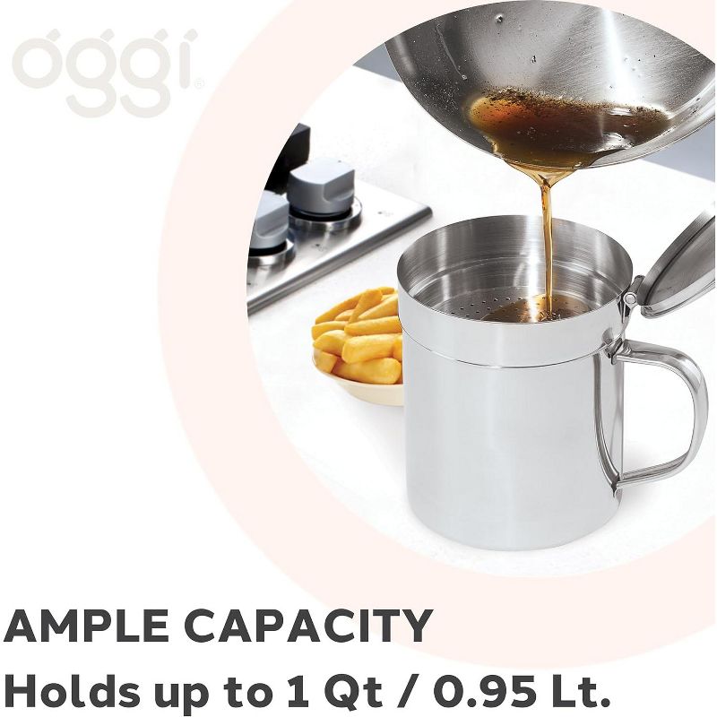 OGGI Stainless Steel Grease Container with Handle, Removable Strainer and Flip Top Lid, 4 of 8