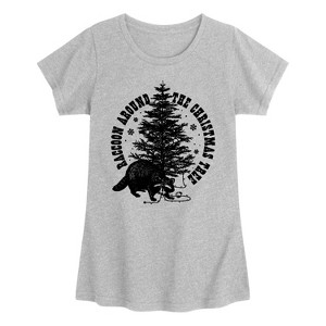 Girls' - Instant Message - Raccoon Around The Christmas Tree Fitted Short Sleeve Graphic T-Shirt - 1 of 4
