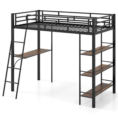 Safstar Twin Size Loft Bed with Desk & Shelves Inclined Ladder & Full-length Guardrails