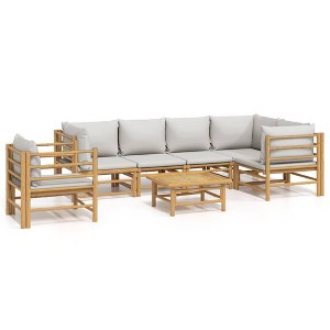 vidaXL Bamboo Patio Furniture Set - 7 Piece Lounge with Light Gray Cushions - Modular Design for Outdoor, Garden, Deck, Patio - 1 of 4