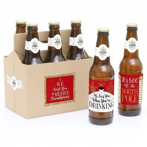 Big Dot of Happiness Red and Gold Friendsmas - Friends Christmas Party Decorations for Women and Men - 6 Beer Bottle Label Stickers and 1 Carrier - 1 of 4