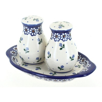 Blue Rose Polish Pottery Jubilee Salt & Pepper Shakers with Tray