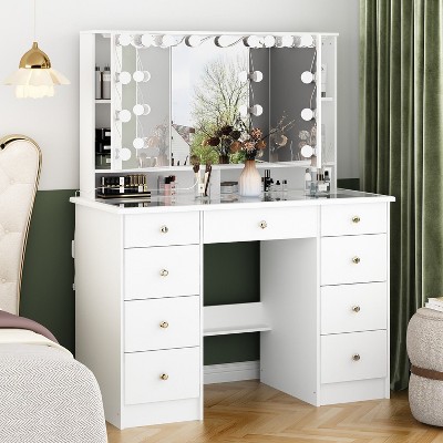 Hitow White Vanity Table 3-Mirrors 9-Drawer with Surrounding Light Strips and Glass Tops