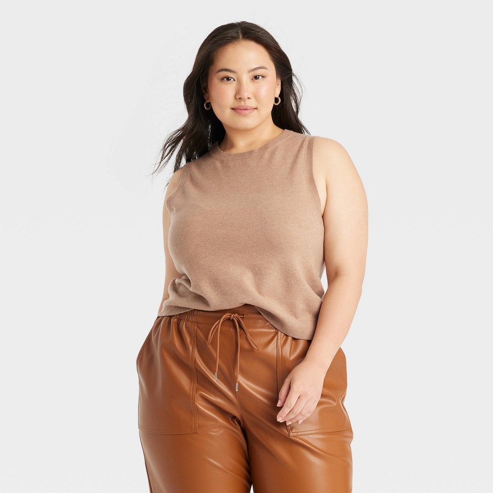 Women's Crewneck Cozy Knit Pullover Sweater Tank - A New Day™ Camel 2X