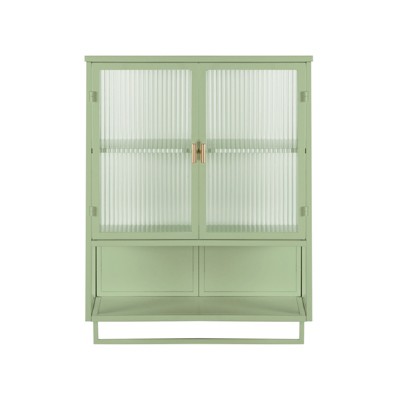 FONTOI 23.62" Glass Doors Modern Two-door Wall Cabinet with Two-tier Enclosed Storage&Open Shelf for Entryway Living Room, Green, 9.06"*30.71"*23.62"