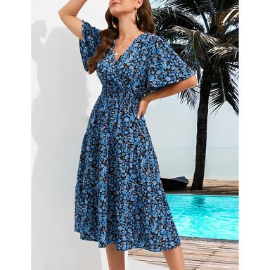 Women's Casual Wrap V Neck Midi Dress Short Sleeve Smocked Waist Tiered A  Line Pleated Flowy Long Dress Blue Flower XL : Target