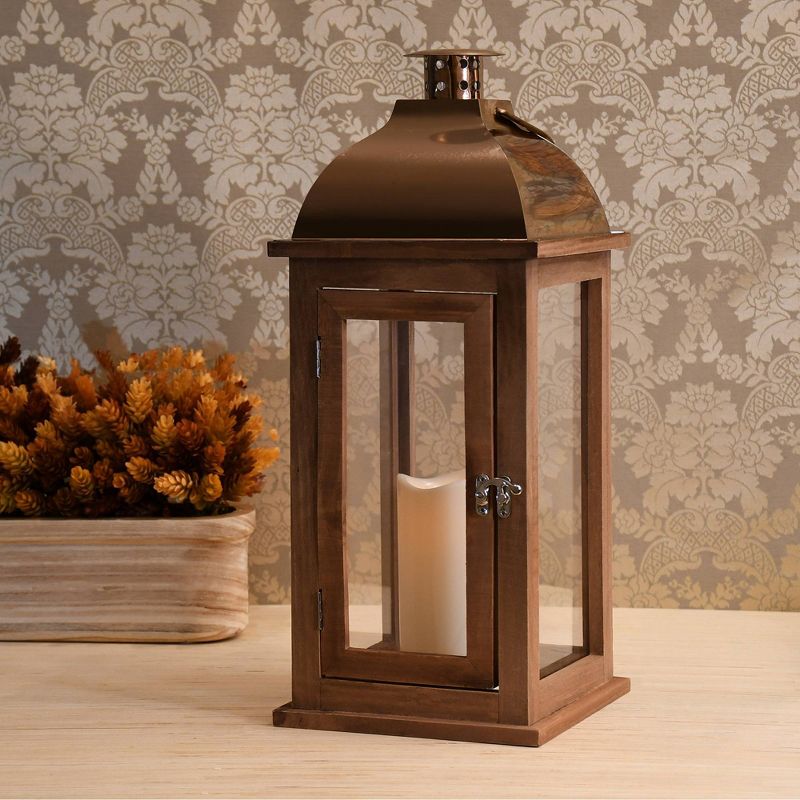 Wooden LED Lantern with Copper Roof and Battery Operated Candle Brown - LumaBase, 4 of 8