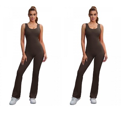 INSPIRE CHIC 2 Pcs Women's Hollow Back Flare Jumpsuits One Piece Long Workout Fitness Full Body Shaper