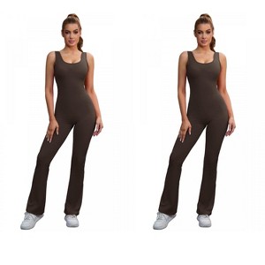 INSPIRE CHIC 2 Pcs Women's Hollow Back Flare Jumpsuits One Piece Long Workout Fitness Full Body Shaper - 1 of 4