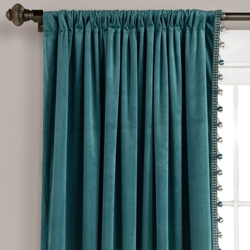 Luxury Vintage Velvet With Silky Pompom Trim Window Curtain Panel Blue Single 52X84 - image 1 of 4