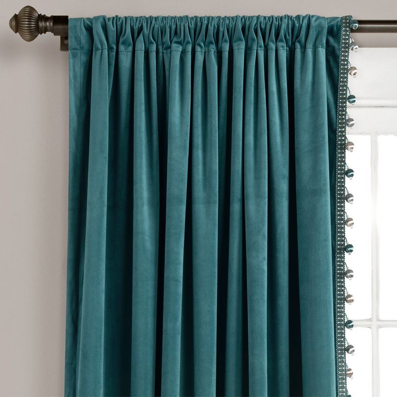 Luxury Vintage Velvet With Silky Pompom Trim Window Curtain Panel Blue Single 52X84, 1 of 5