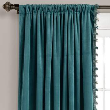 Luxury Vintage Velvet With Silky Pompom Trim Window Curtain Panel Blue Single 52X84
