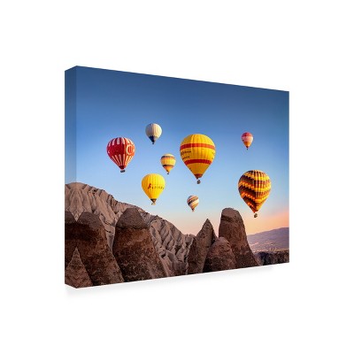 Colorful Hot Air Balloons Over Rocky Landscape Canvas Art