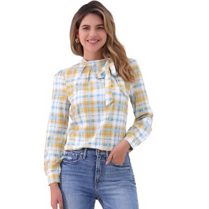 INSPIRE CHIC Women's Bow Tie Neck Keyhole Back Grid Checks Office Work Blouses - 1 of 4