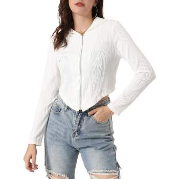 Allegra K Women's Casual Hoodie Zip Up Long Sleeve Lightweight Textured Crop Jacket