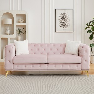 GDFStudio Branik 82.5" Mid-Century Modern Wooden Velvet Upholstered Sofa with Chesterfield Tufted Buttons, 2 Pillows and Metal Legs - 1 of 4