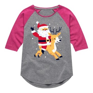 Girls' - Instant Message - Santa and Reindeer Christmas Shirt Tail Raglan Graphic T-shirt - 1 of 4