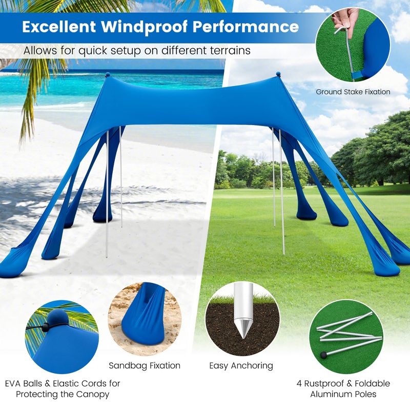 Costway 10 x 10 FT Beach Sunshade Canopy UPF50+ with Carry Bag &8 Sandbags &3 Shovels, 5 of 10
