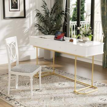 58"L Executive Office Desk, Wooden Home Office Desk with USB ports and 3 Drawers 4M, Gold+White -ModernLuxe